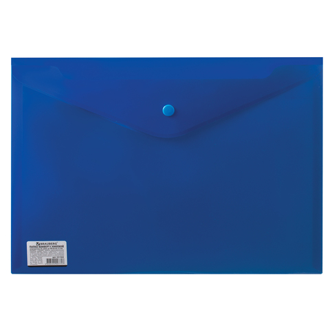 Папка-конверт А4 на кнопке BRAUBERG до 100 листов, непрозрачная, синяя, СВЕРХПРОЧНАЯ 0,2 мм