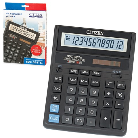Калькулятор 12 разр., CITIZEN SDC-888TII,настольный дв.пит,коррект,2 памяти, черный