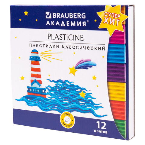 Пластилин 12цв 240г BRAUBERG "АКАДЕМИЯ ХИТ",стек, ВЫСШЕЕ КАЧЕСТВО