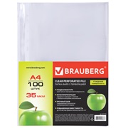 Папки-файлы перфорированные А4 BRAUBERG комплект 100шт. гладкие Яблоко