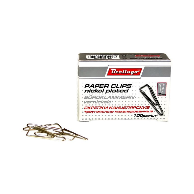 Скрепки 25мм Berlingo с отогнутым носиком, никел.треуг. (100шт)