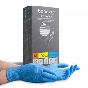 Перчатки нитриловые "Benovy" M, голубые,100шт/уп медицинские,неопудренные