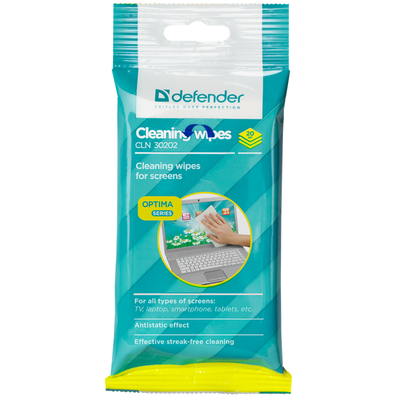 Чистящие салфетки DEFENDER, влажные, для мониторов, в мягкой упаковке 20шт