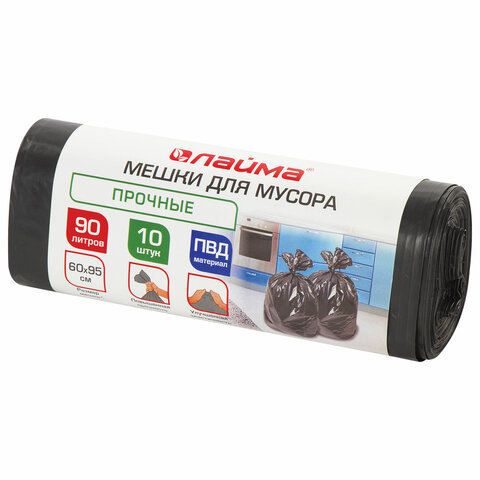 Мешки для мусора 90 л, черные, в рулоне 10 шт., прочные, ПВД 25 мкм, 60х95 см, LAIMA