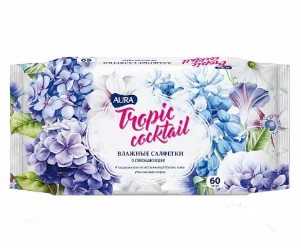 Влажные салфетки AURA Tropic Cocktail освежающие, 60шт/уп