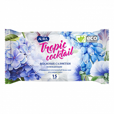 Влажные салфетки AURA Tropic Cocktail освежающие, 15шт/уп