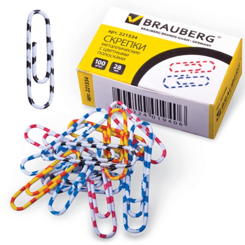 Скрепки BRAUBERG 28мм с цв полосками 100шт в карт кор
