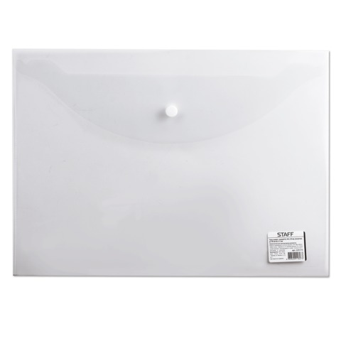 Папка-конверт А4 на кнопке STAFF прозрачная,  до 100 листов, 0,12мм эконом