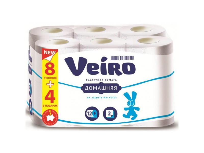 Бумага туалетная Veiro Домашняя 8+4 рулона (подарок),2-слойная, белая